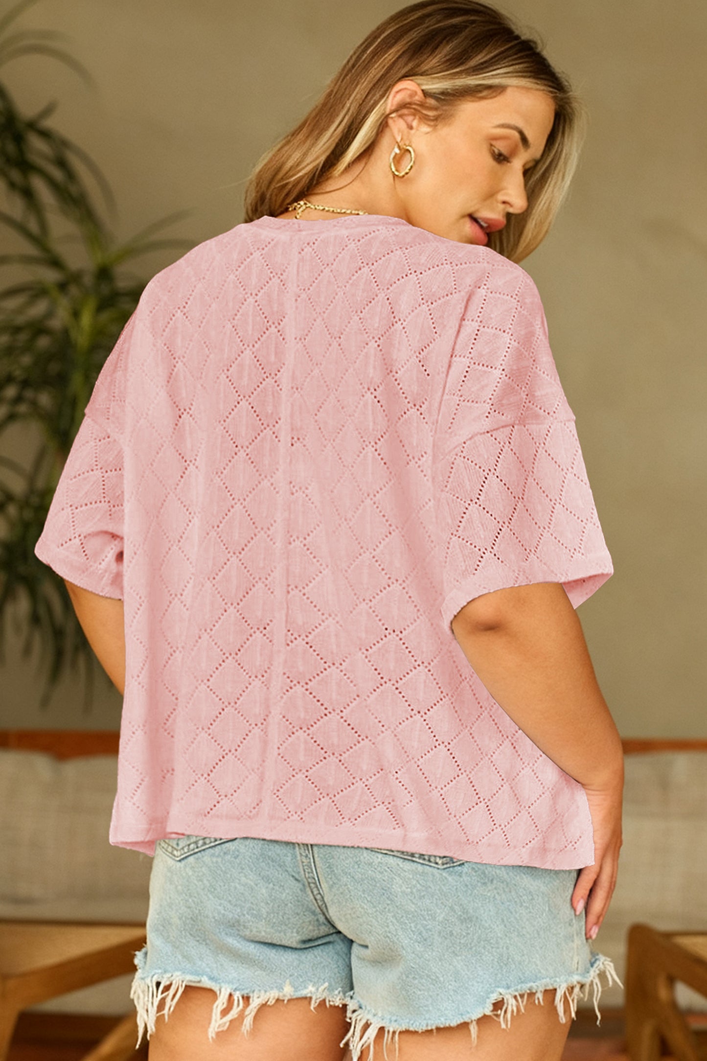 Lightweight Knit V-Neck Short Sleeve Top – Plus Size Black Light Pink Beige Blue L–4X