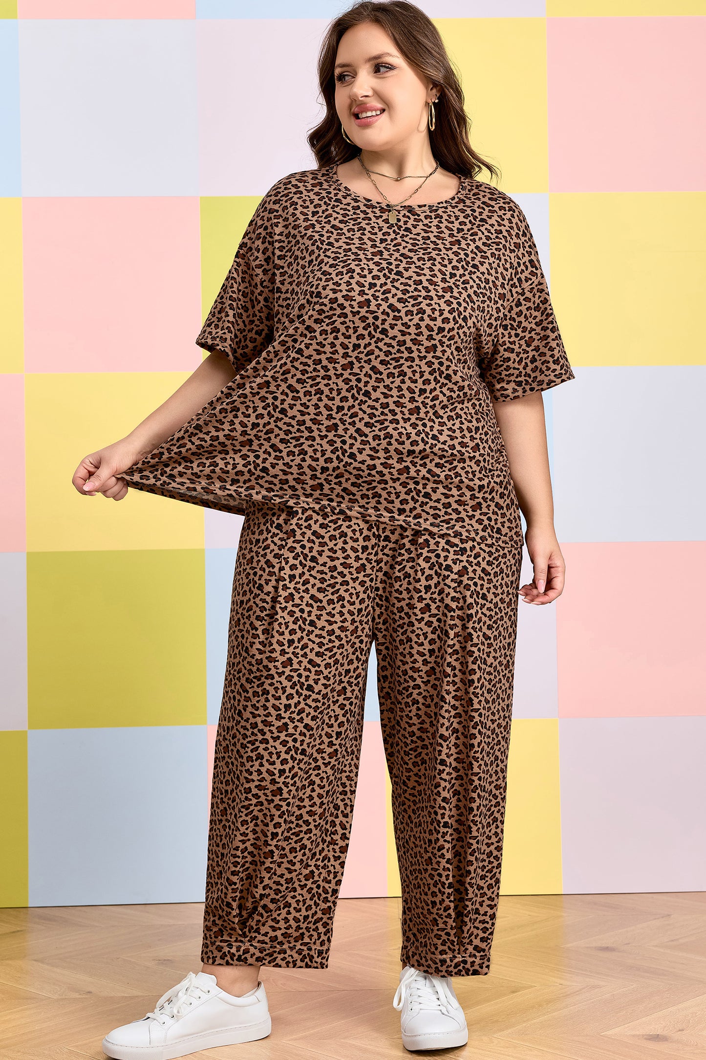 Plus Size Leopard Print Loose Top and Pleated Pants Set Women 1X–4X