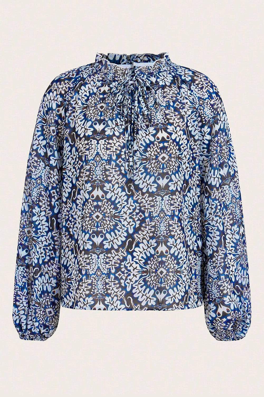 Tribal Print Lace-Up Frilled Neck Puff Sleeve Blouse