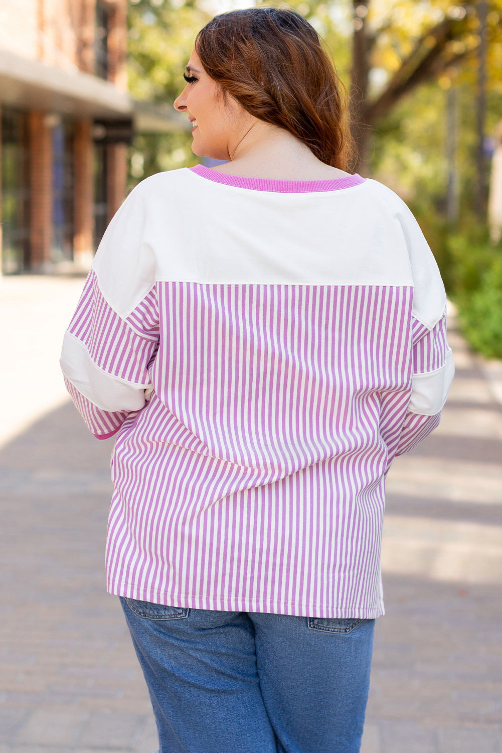 Stripe Patchwork Bracelet Sleeve T-Shirt | Plus Size | Pink Stripe | 1X–3X