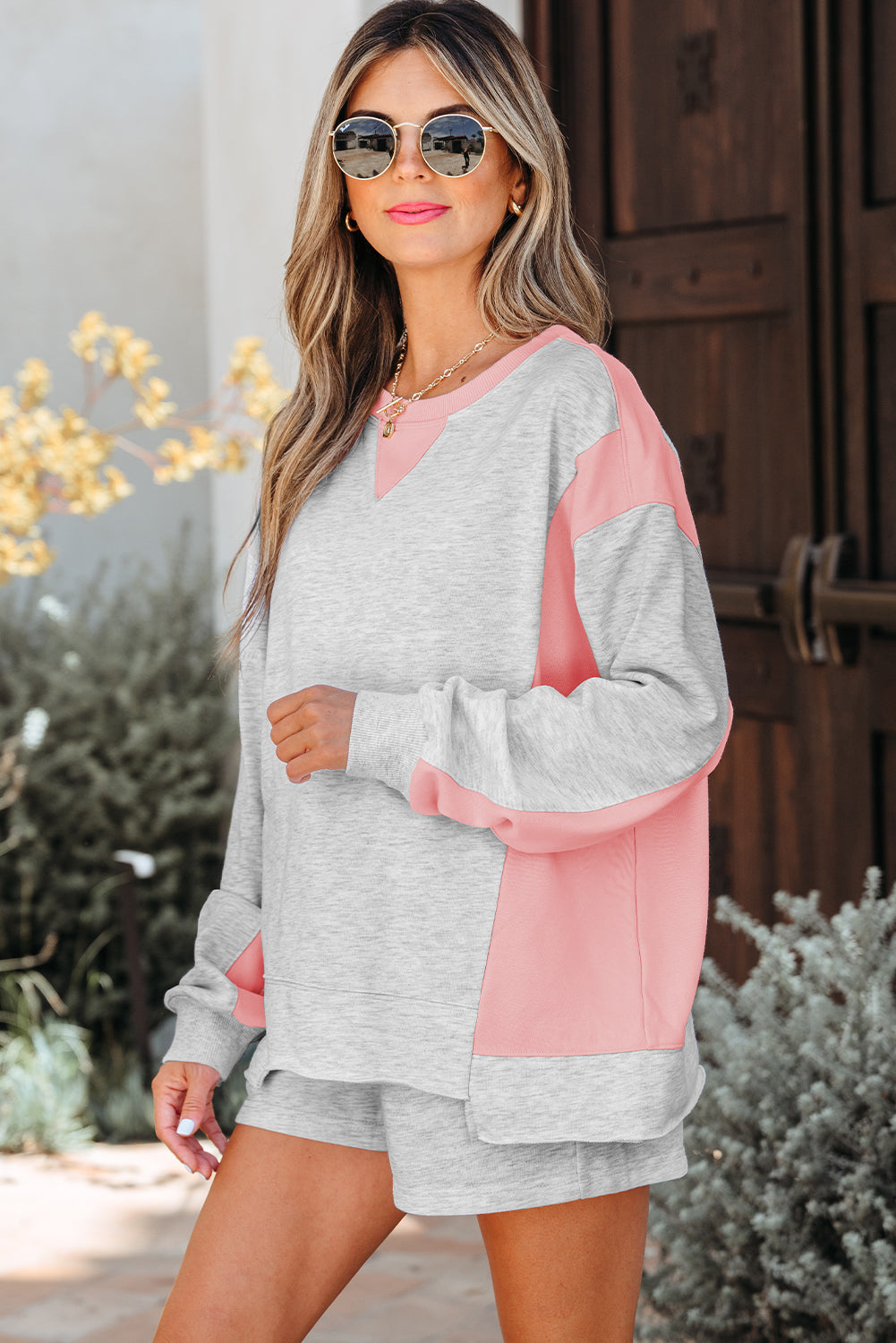 Colorblock Shorts Set Light Grey Pullover Women S–XL