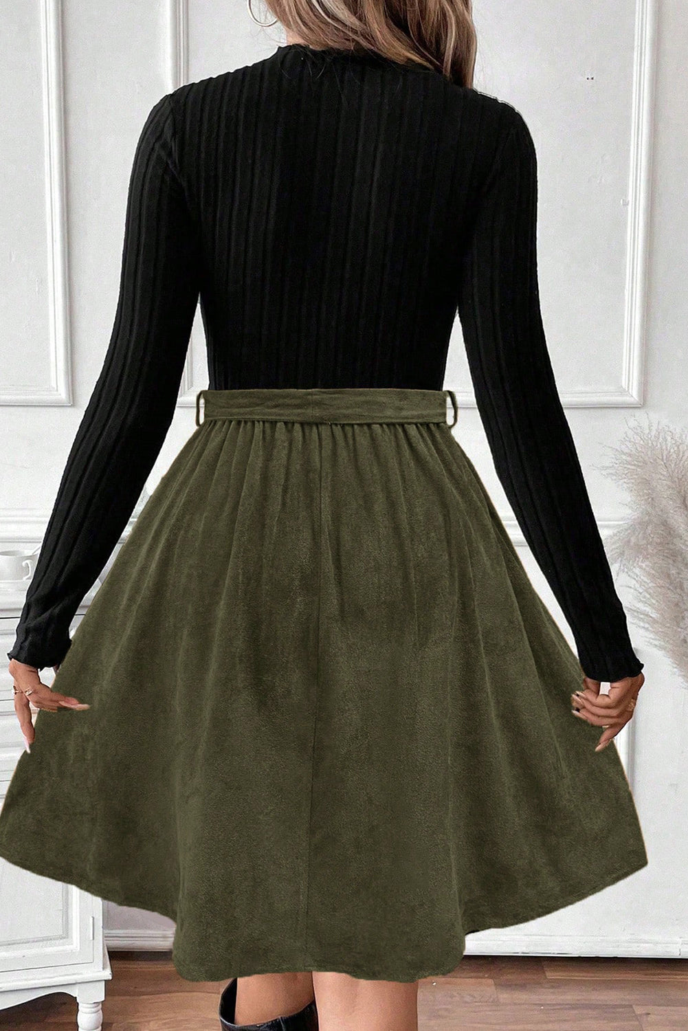 Black Green Ribbed Knit Slim Bodice Contrast Flared Skirt Patchwork Belted Dress