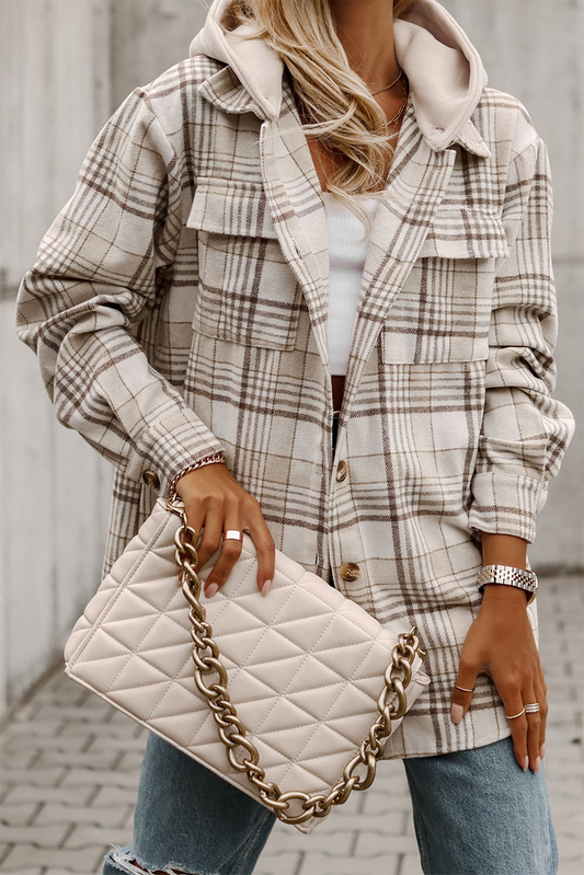 Khaki Plaid Removable Hood Chest Pocket Buttoned Shacket