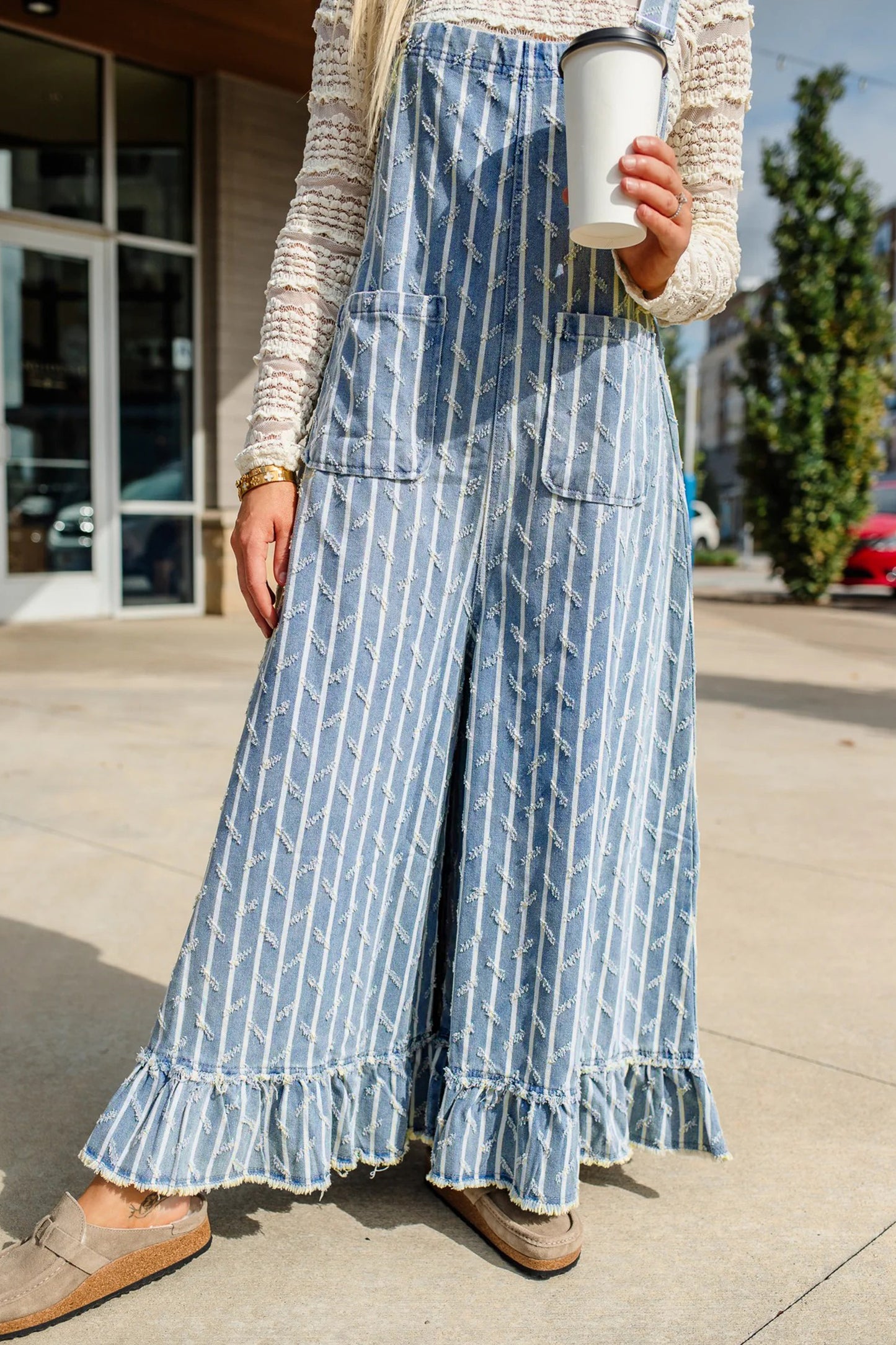 Light Denim Striped Wide Leg Overalls Women S–XL