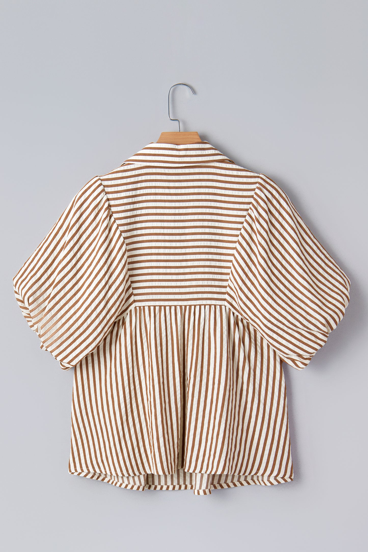 Striped Shirred V-Neck Blouse with Puff Sleeves | Brown