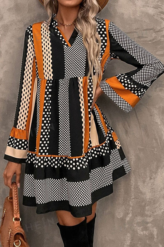 Black Striped Polka Dot Print Ruffled Hem V-Neck Mini Dress
