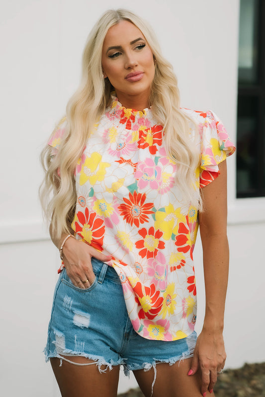 Multicolor Stand Collar Flutter Sleeve Floral Top