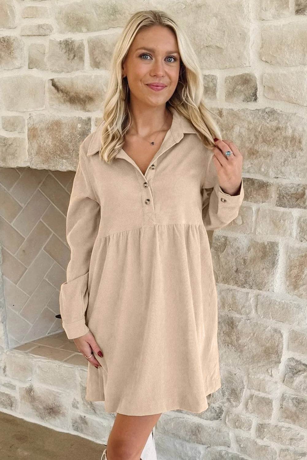 Corduroy Half Button Collared Mini Dress in Oatmeal