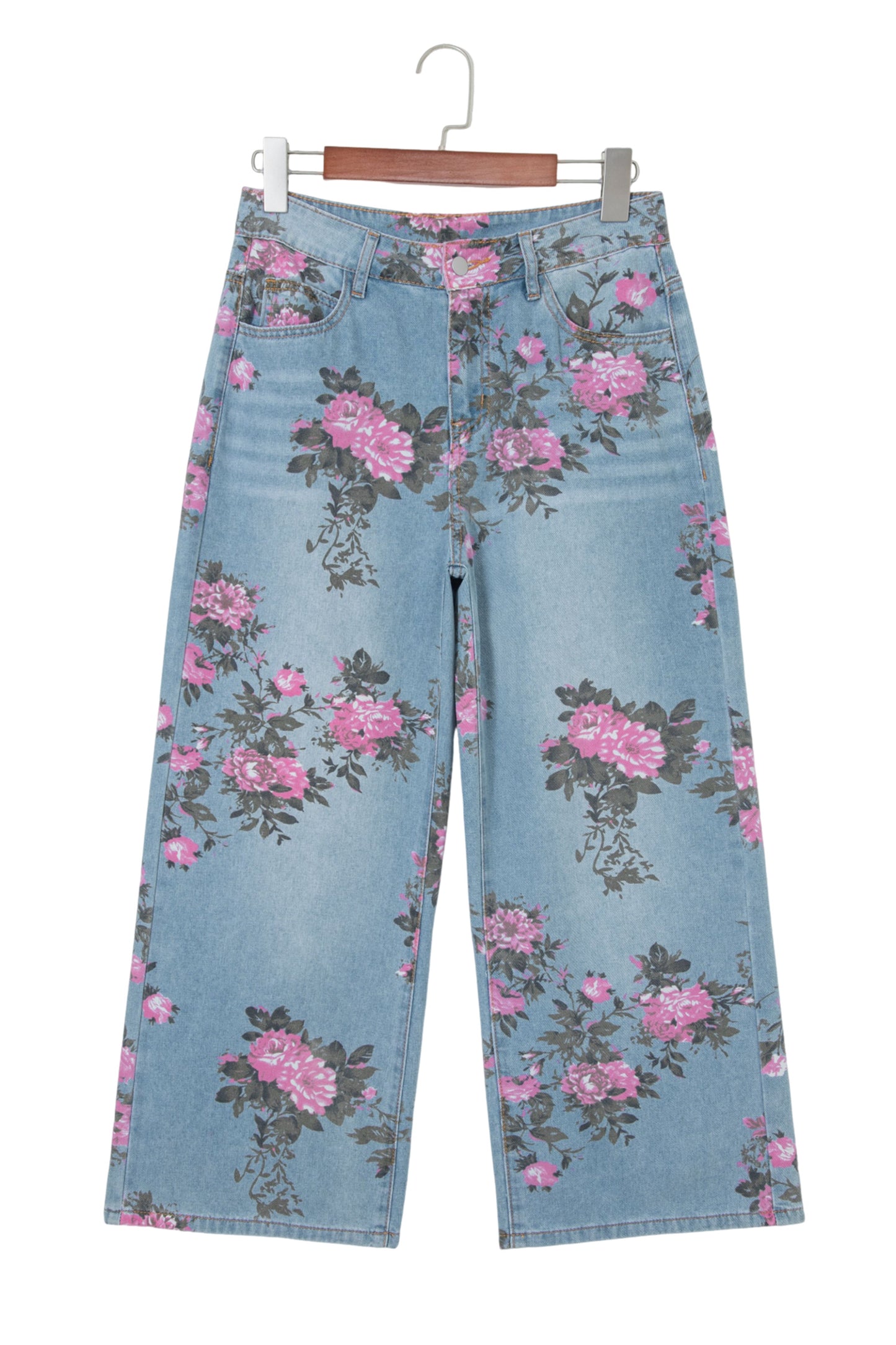 Light Blue Floral Print Cropped Wide Leg Jeans Women Size 4–16
