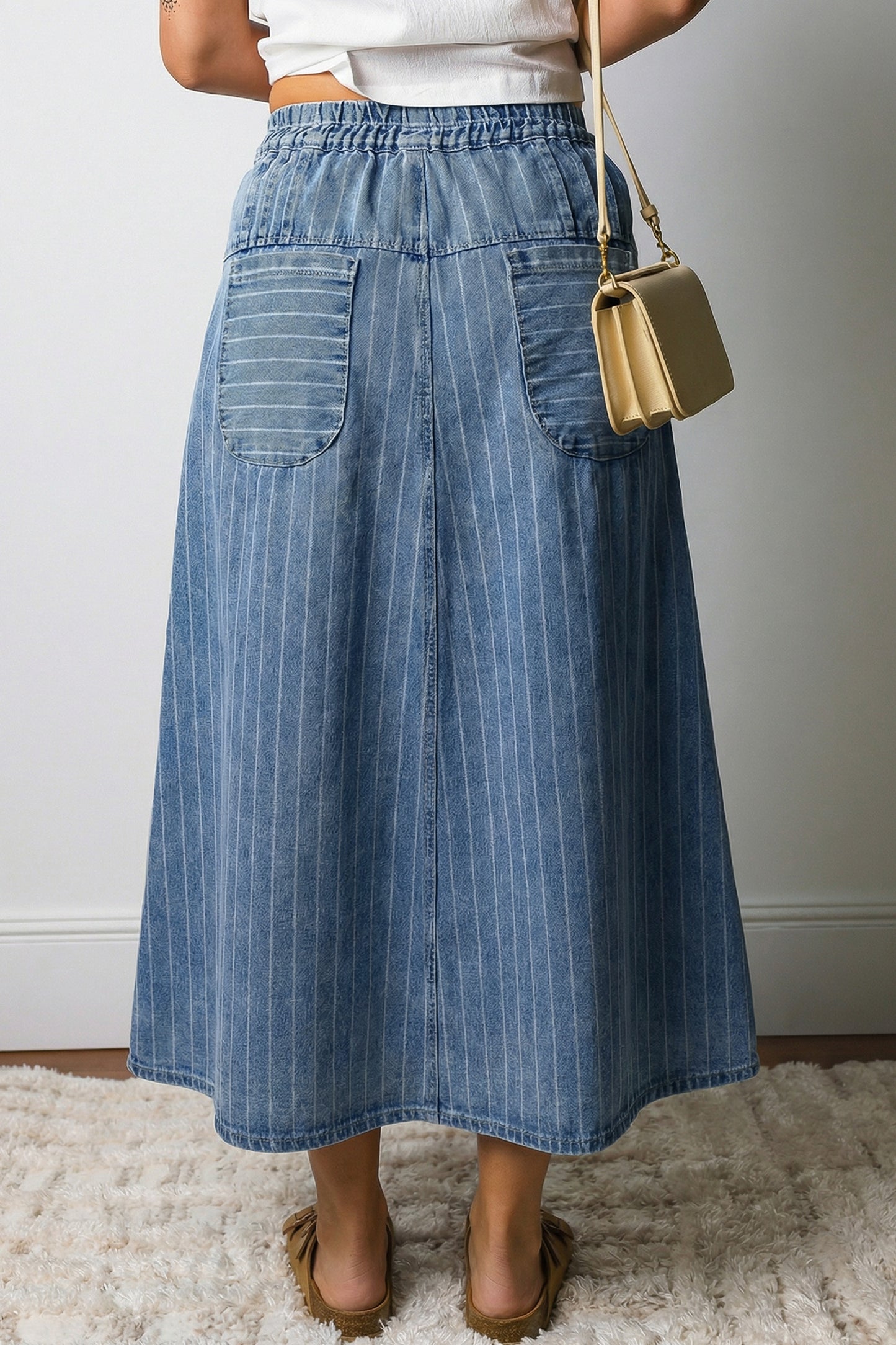 Blue Stripe Denim Midi Skirt Women S–XL