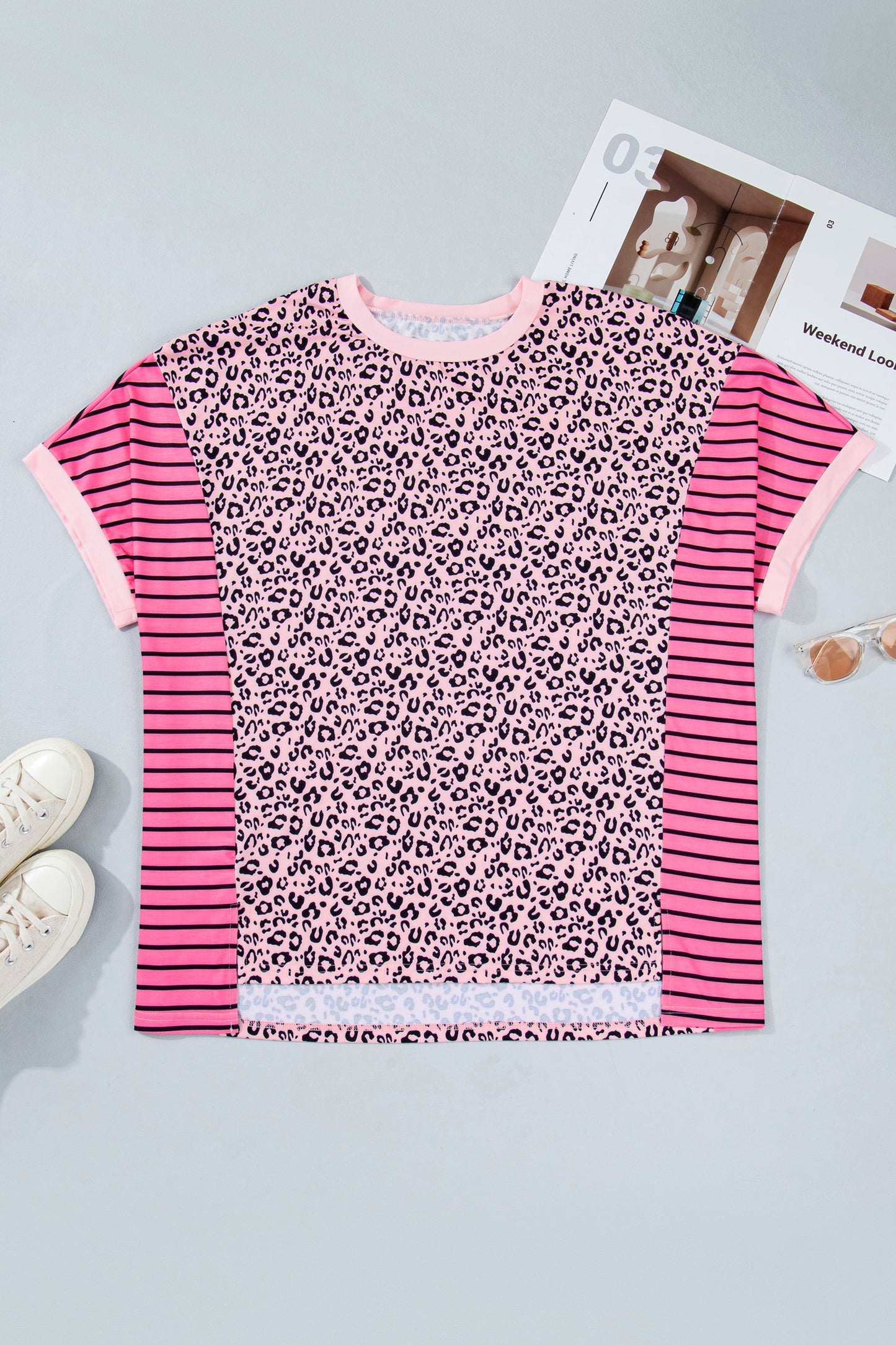 Plus Size Pink Leopard Print Patchwork Tee Women 1X–4X