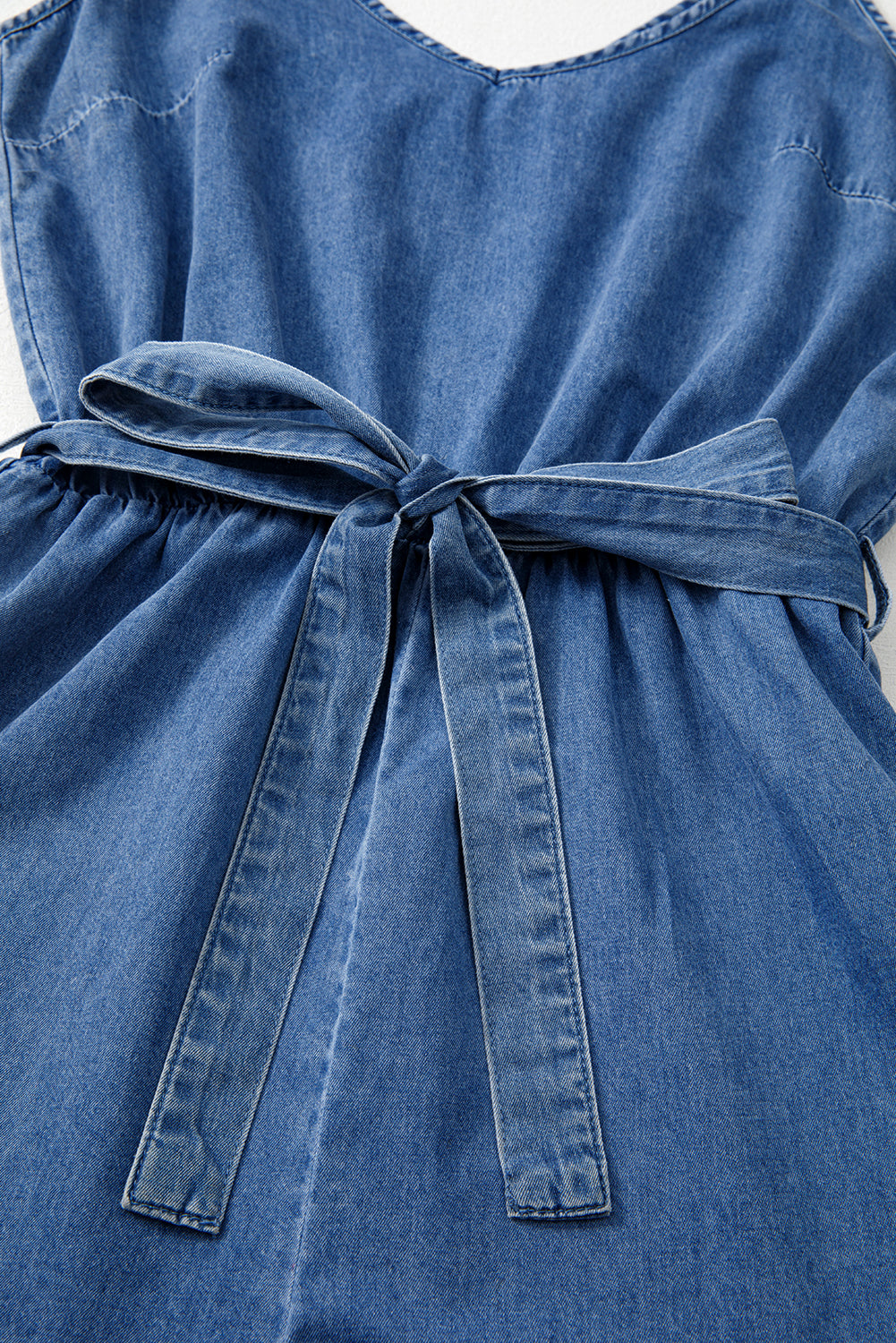 Ashleigh Blue Spaghetti Straps V-Neck Belted Ruffled Leg Chambray Romper