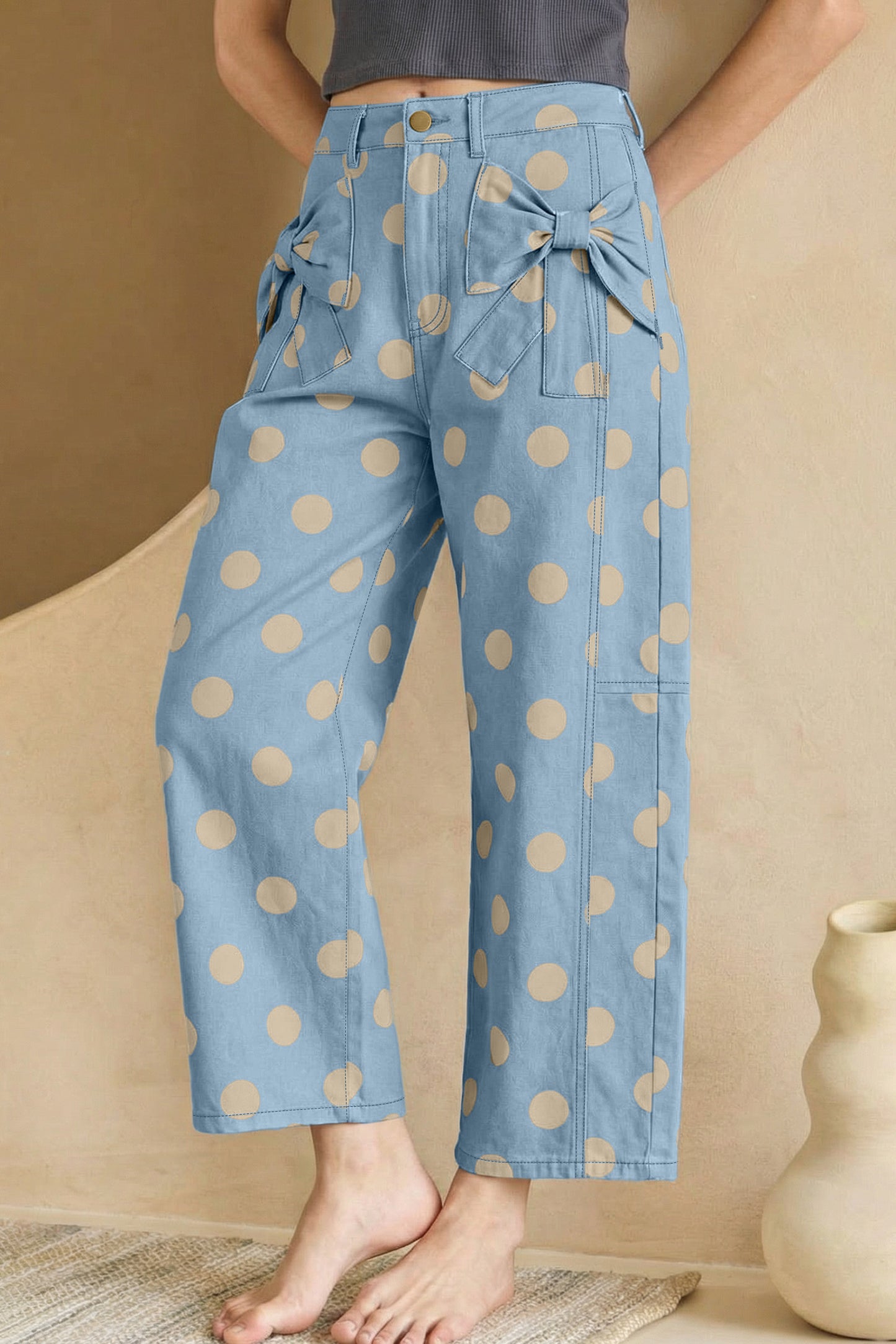 Polka Dot Bow Pocket Jeans Women Light Blue & White Size 4–16