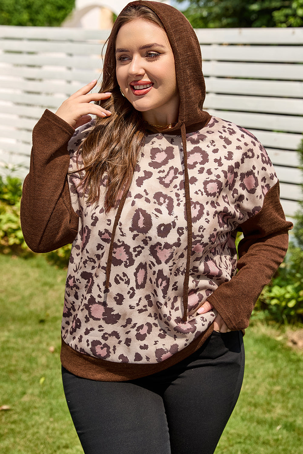 Leopard Print Knit Patchwork Hoodie | Plus Size | Brown | 1X–4X