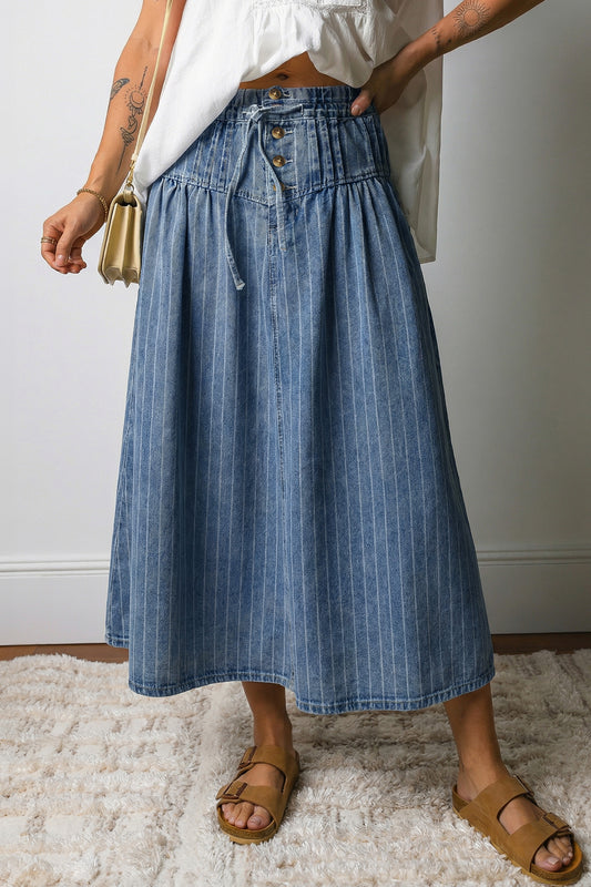 Blue Stripe Denim Midi Skirt Women S–XL