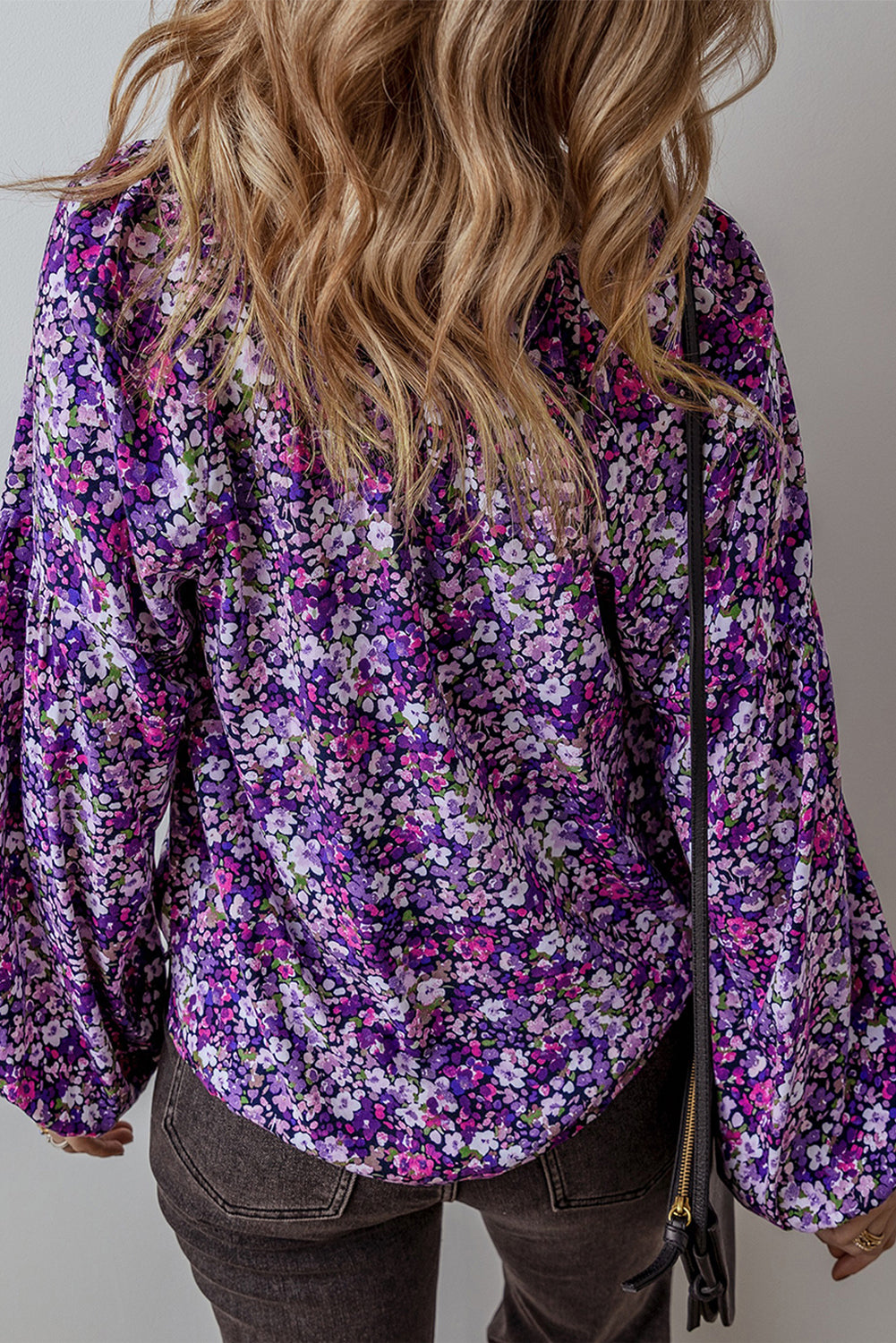 Boho Floral Split V-Neck Bubble Sleeve Blouse | Purple