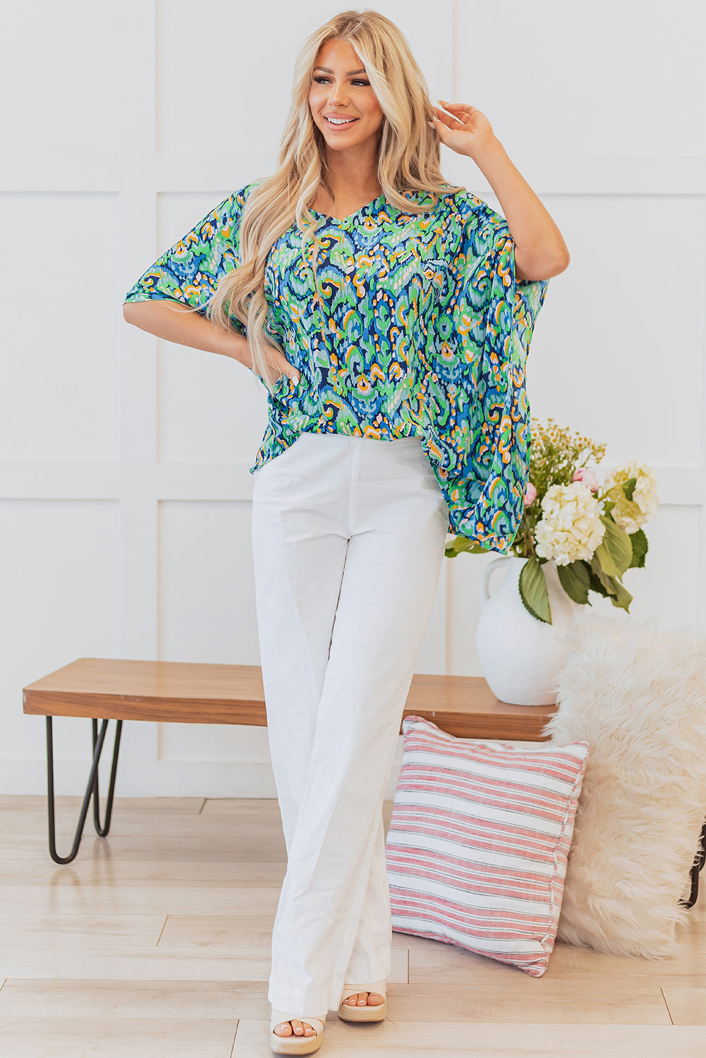 Green Abstract Print V-Neck Half Sleeve Loose Fit Tunic Blouse – Women's Relaxed Top (S–XL)