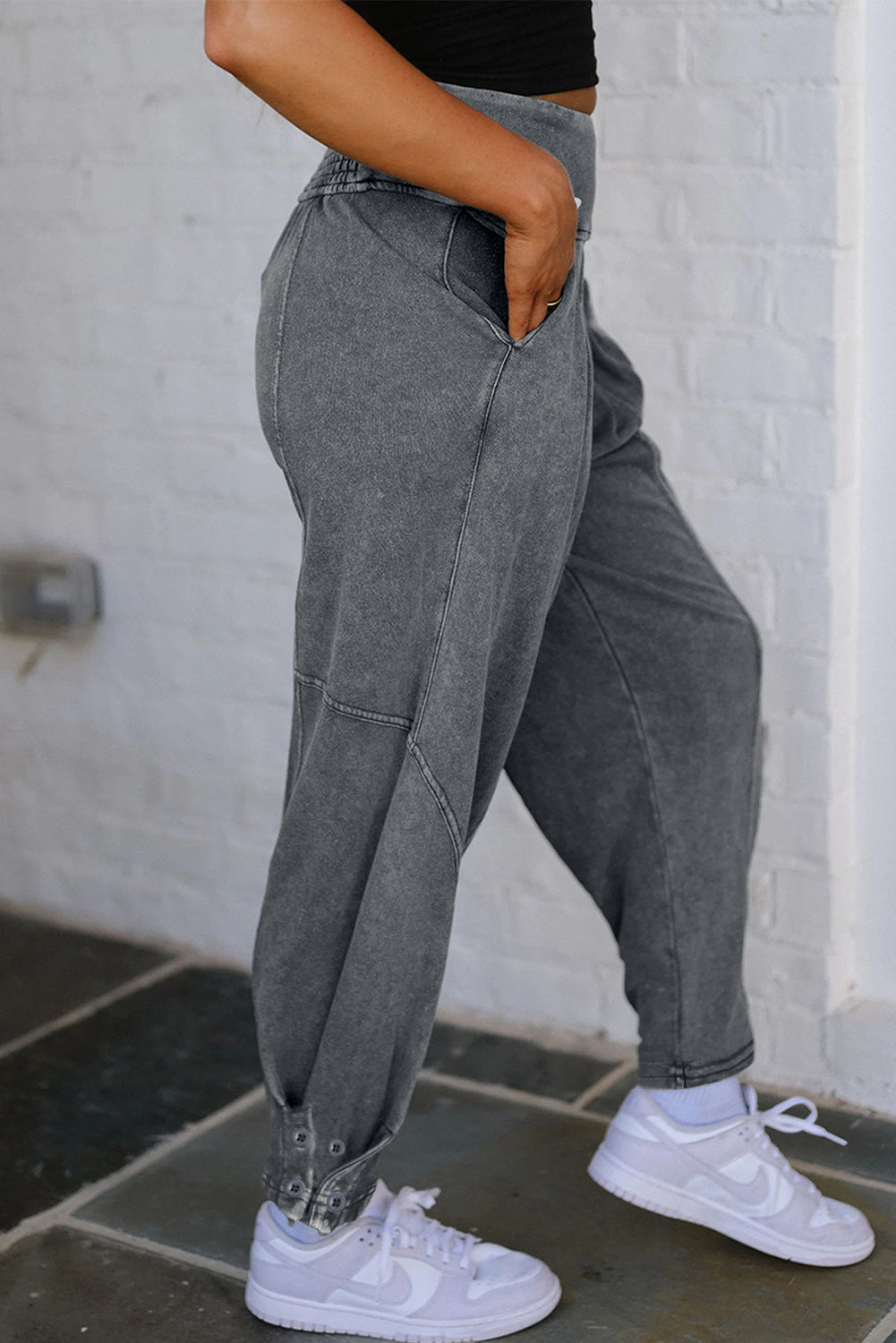 Grey Mineral Wash High Waist Smocked Jogger Pants