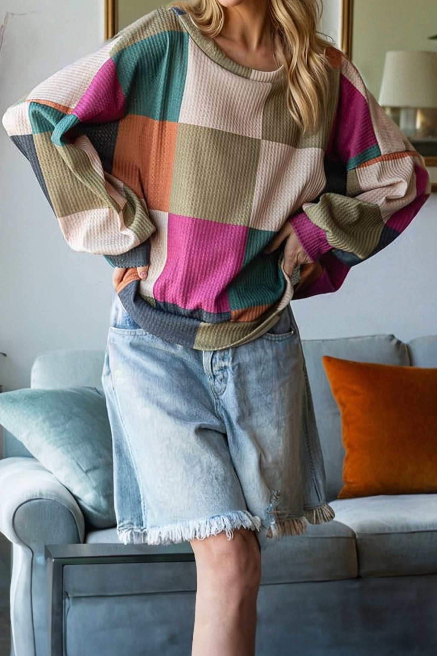 Checkered Print Textured Knit Long Sleeve Loose Top