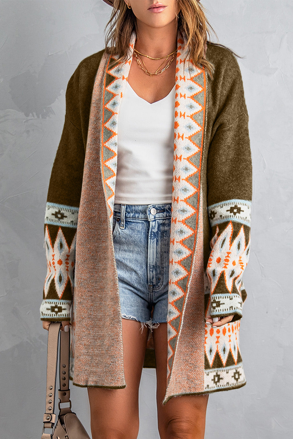 Womens Aztec Print Open Front Knit Cardigan XS to XXL