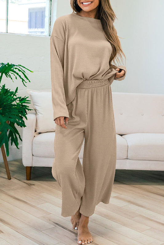 Taupe Loose Textured Pullover and Wide Leg Pants Set