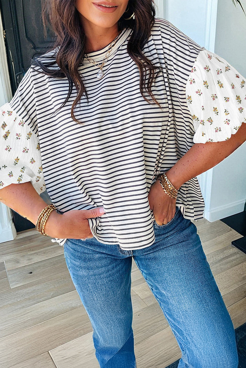 Striped Floral Puff Sleeve Top Women S–XL