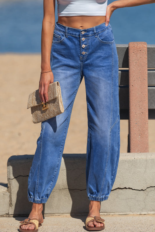 Tapered Relaxed-Fit Jeans with Elastic Cuffs | Blue