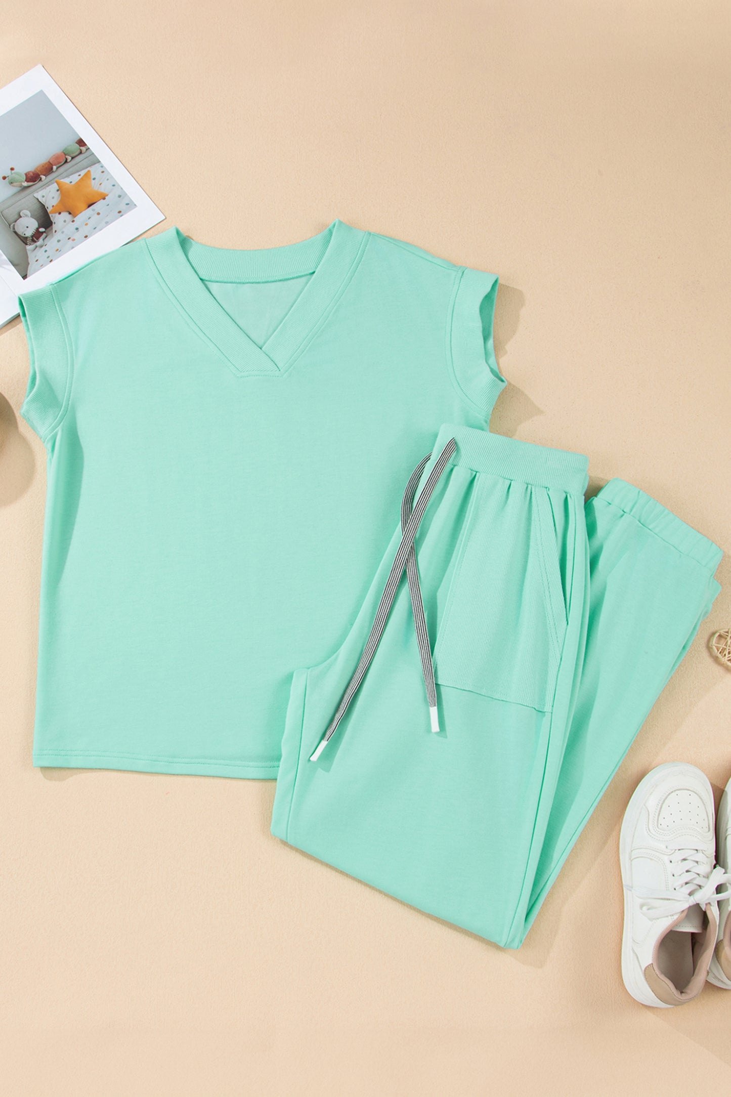 V-Neck Tee & Drawstring Pant Lounge Set | Pink, Mint, Apricot & Blue | S–XL