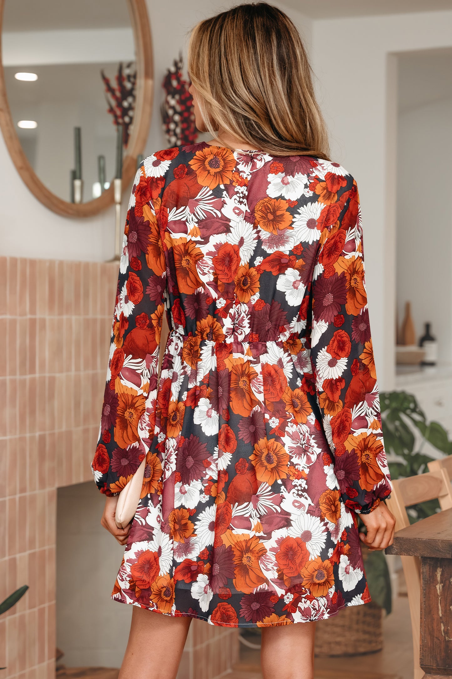 Floral Print Wrap V-Neck Puff Sleeve Mini Dress – Terracotta Women S–XL