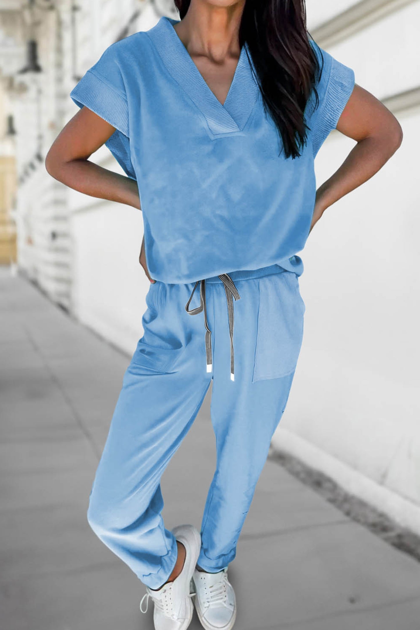 V-Neck Tee & Drawstring Pant Lounge Set | Pink, Mint, Apricot & Blue | S–XL