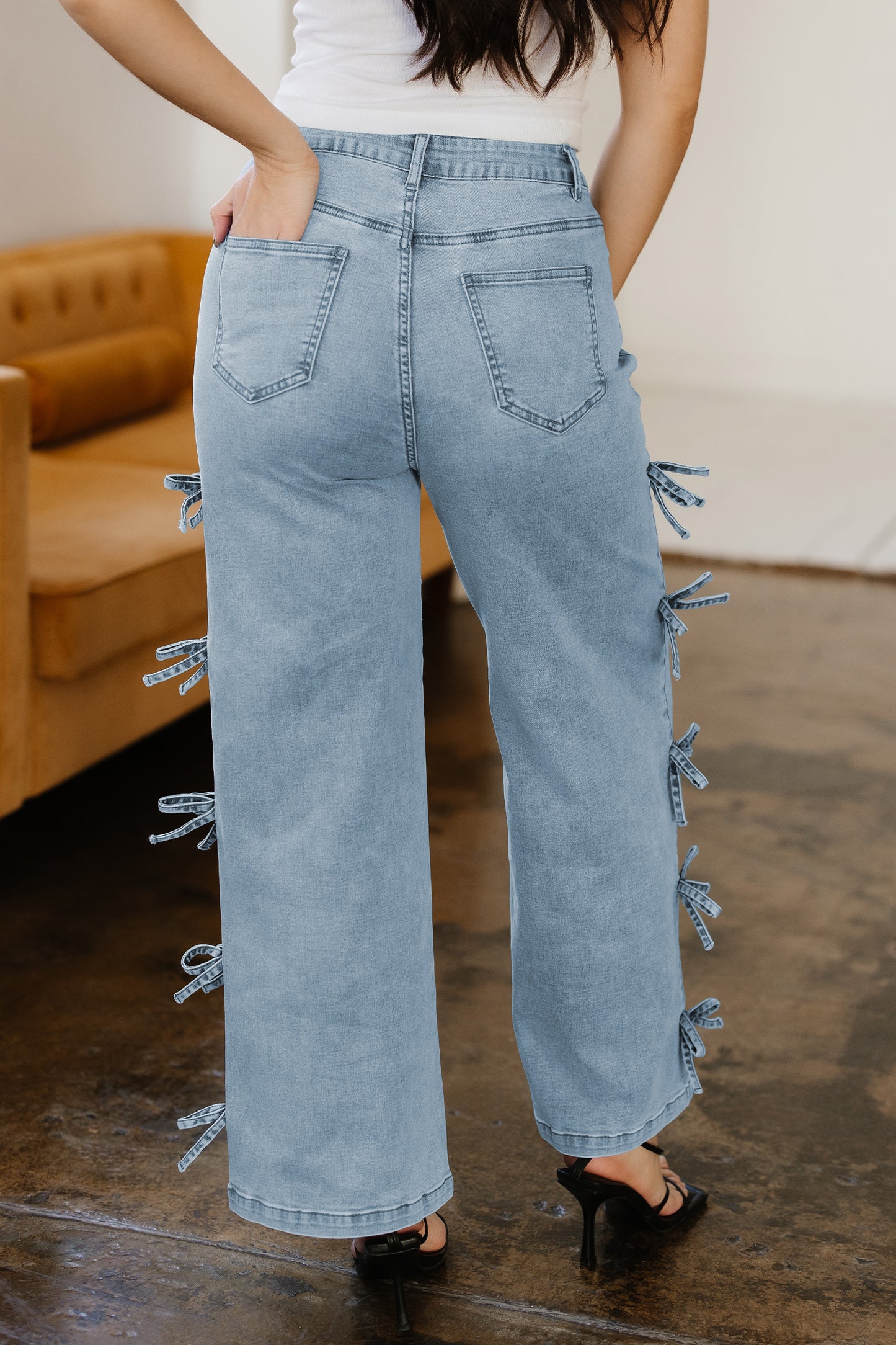 Light Blue Bow Knot Side Detail High Waist Straight Leg Jeans