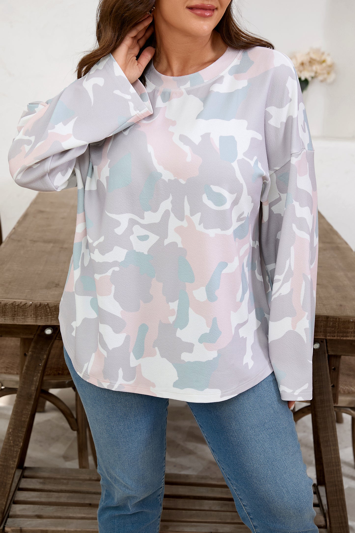 Pastel Camo Drop Shoulder Loose Pullover Top | Plus Size | 1X–4X