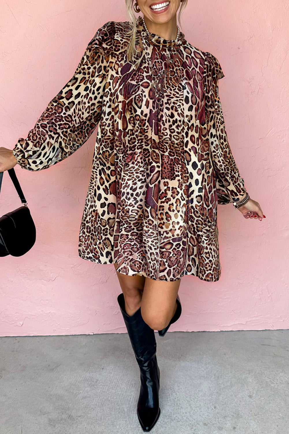 Leopard Print Ruffled Long Sleeve Loose Mini Dress – Brown Women S–XL