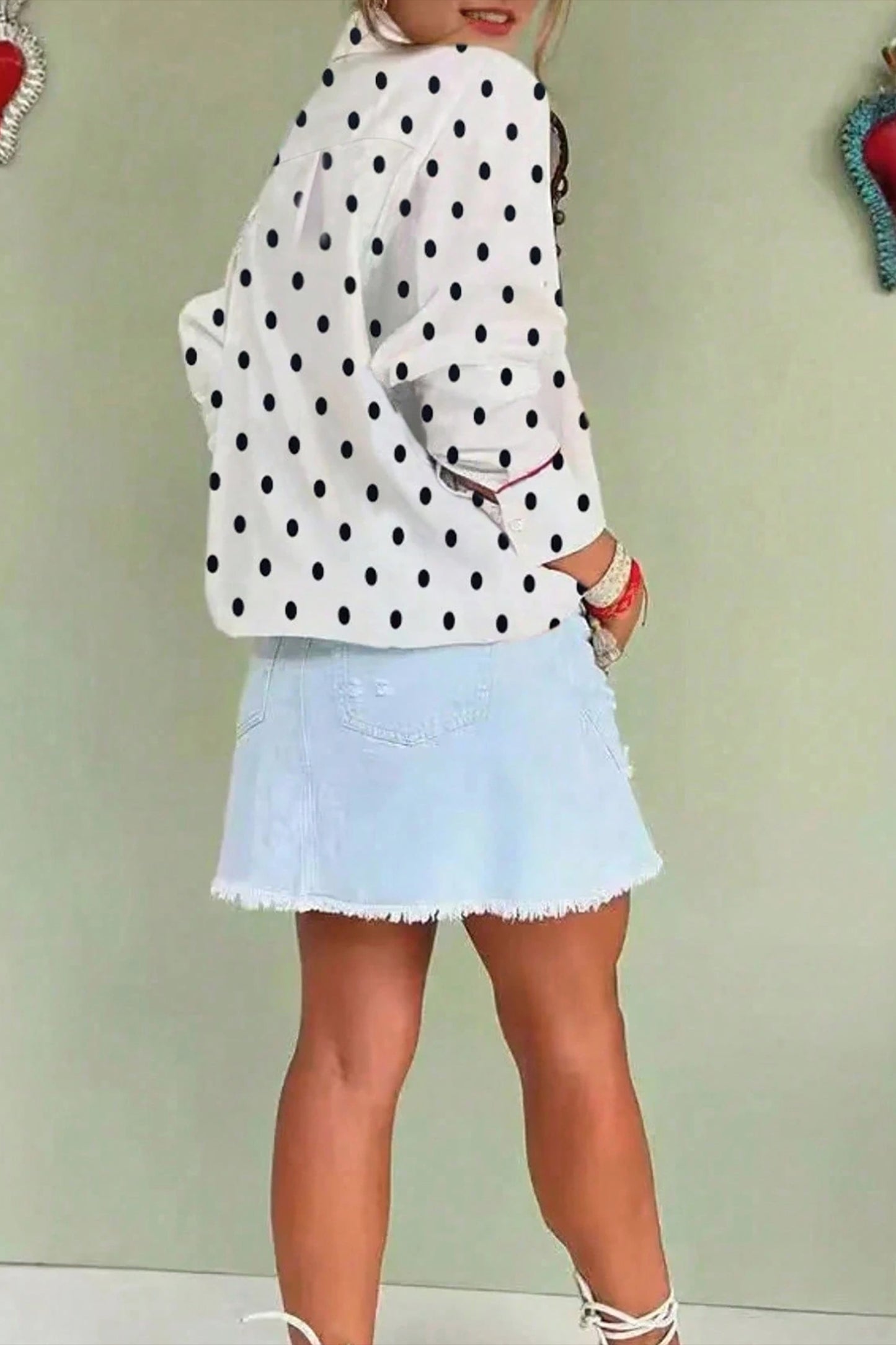 Polka Dot Contrast Piping 3/4 Sleeve Viscose Shirt