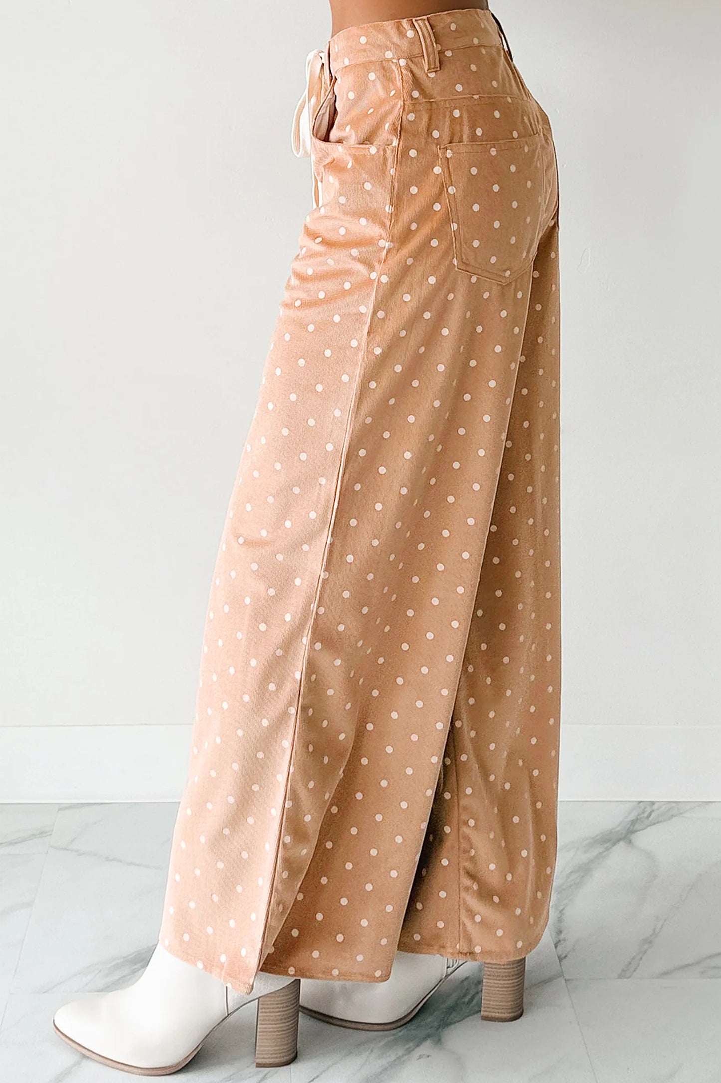 Cream Polka Dot Print Drawstring Wide Leg Pants