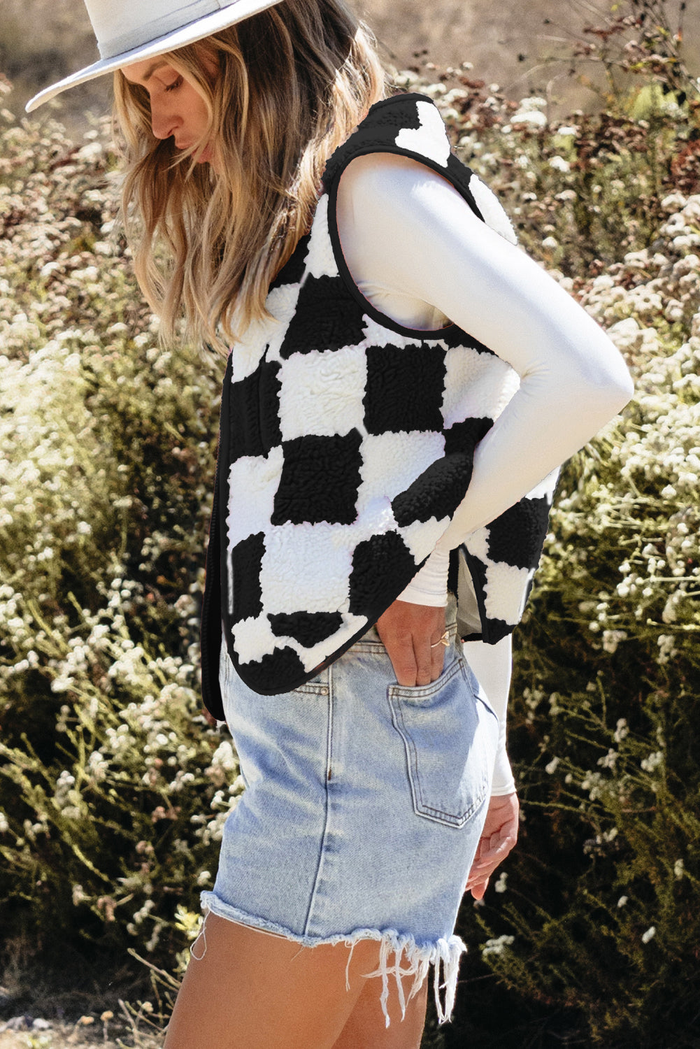Checkered Sherpa Zip-Up Stand Collar Vest