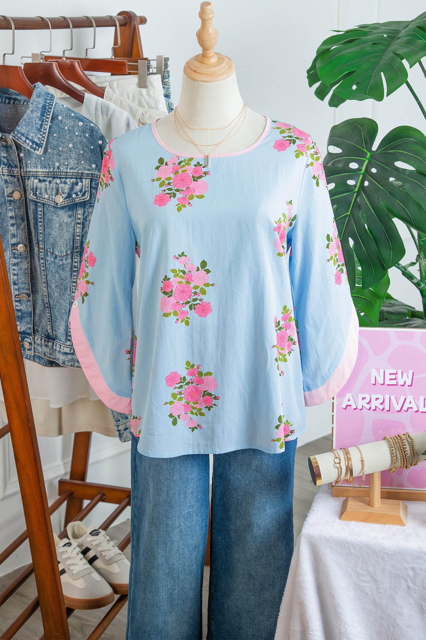 Floral Print 3/4 Sleeve Button Detail Blouse Women S–XL