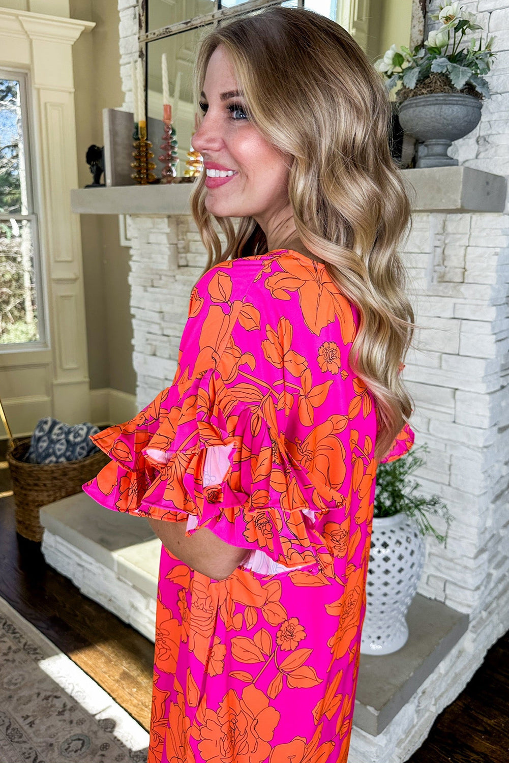 Pink Blooming Floral Print Voluminous Ruffled Sleeve Mini Dress