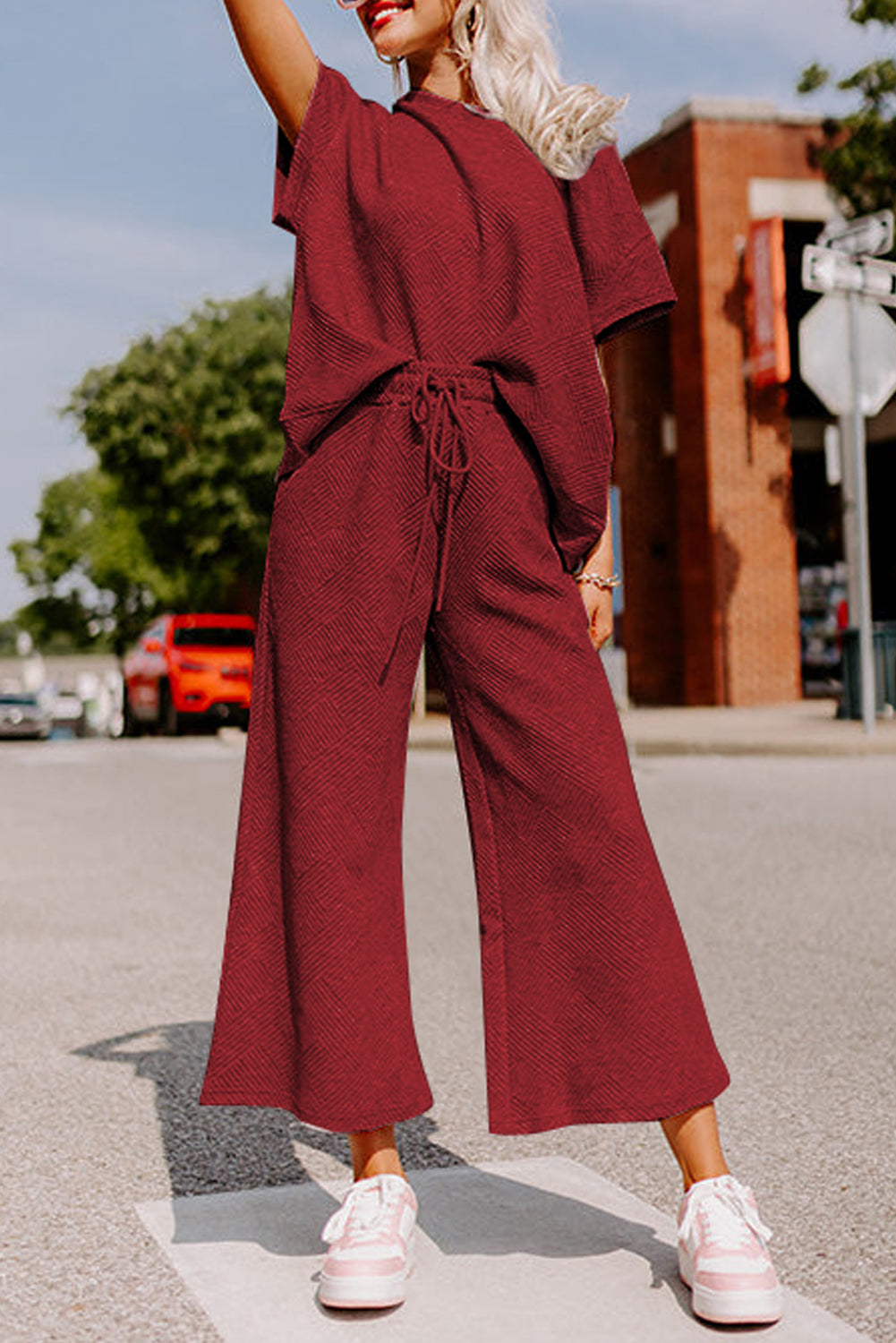 Red Matching Set Loose Tee Drawstring Pants Women S–2XL