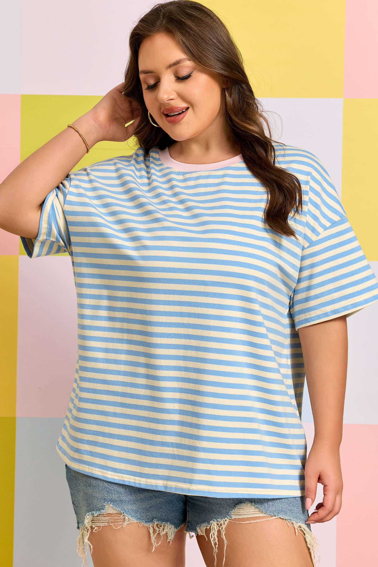 Plus Size Blue Stripe Drop Shoulder Tee Women 1X–4X