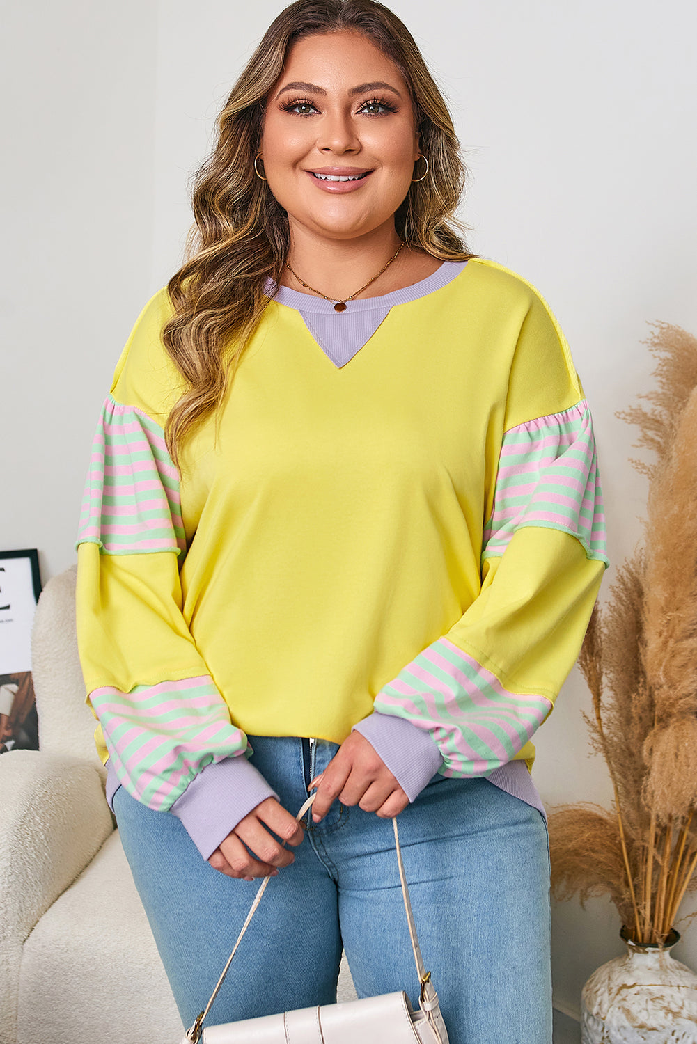 Yellow Crewneck Sweatshirt with Stripe Sleeve Detail – Plus Size 1X–4X
