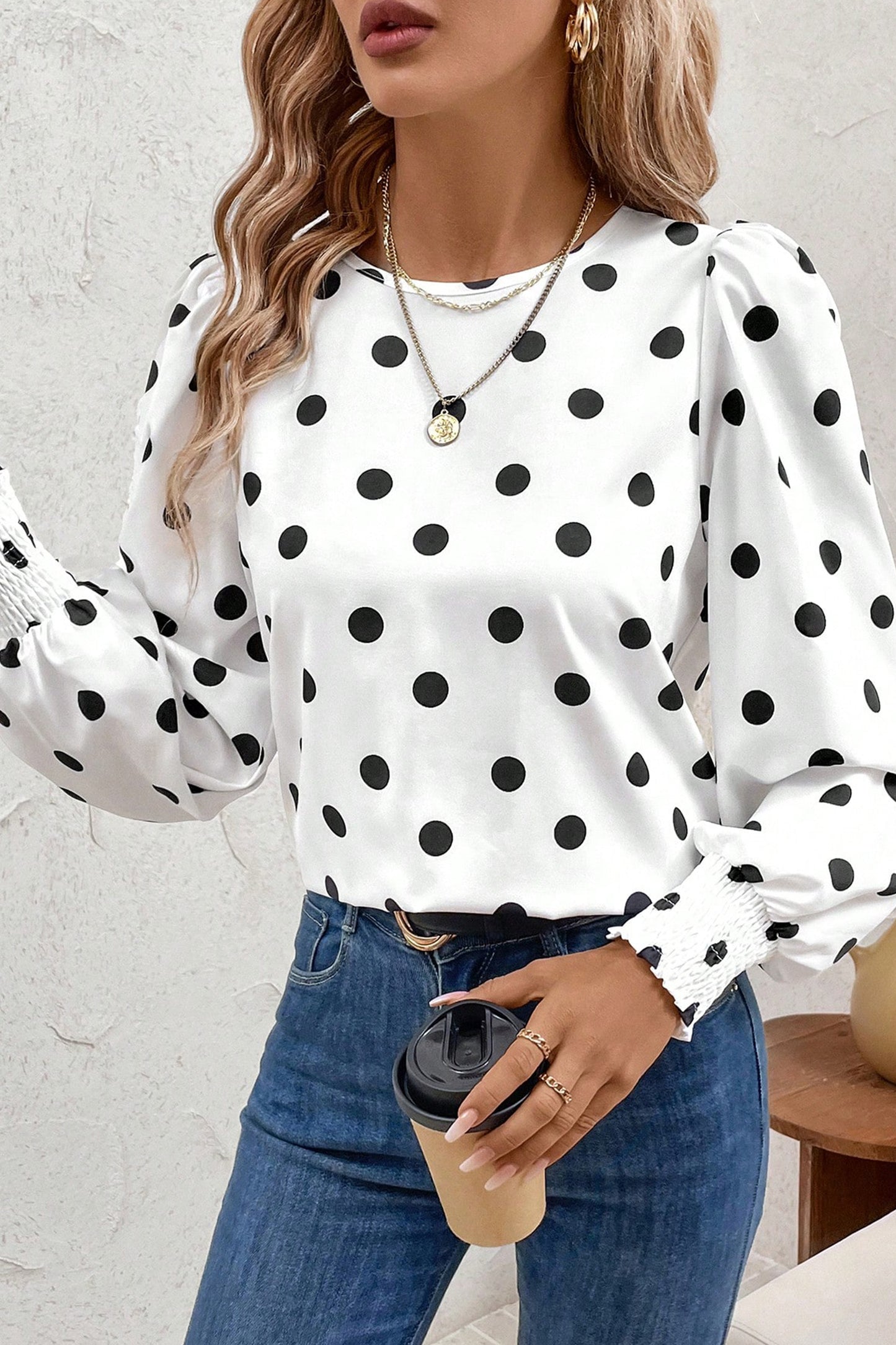 Polka Dot Frilled Long Sleeve Blouse