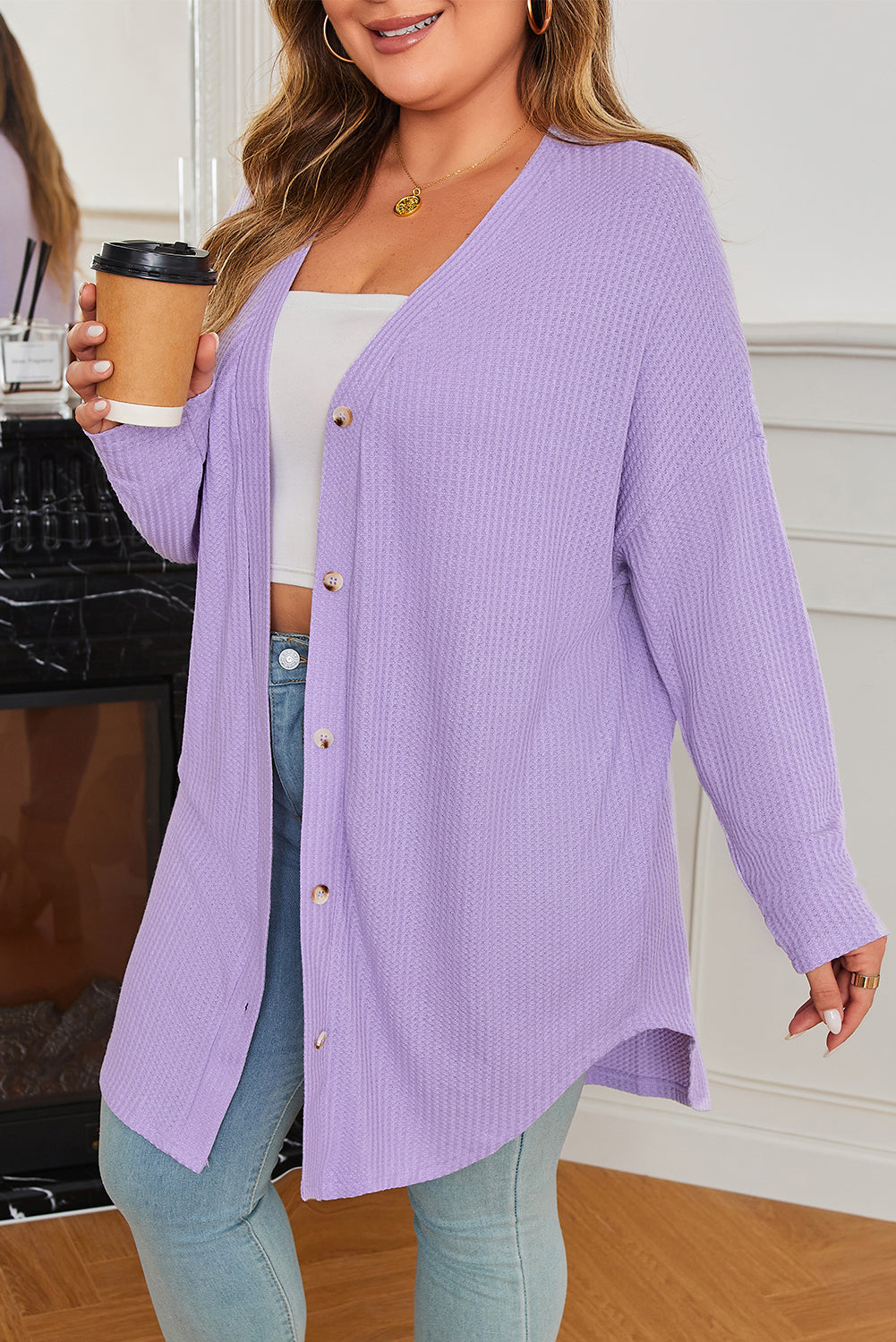 Waffle Knit Button-Front Drop Shoulder Cardigan | Plus Size | Orchid Petal | 1X–4X