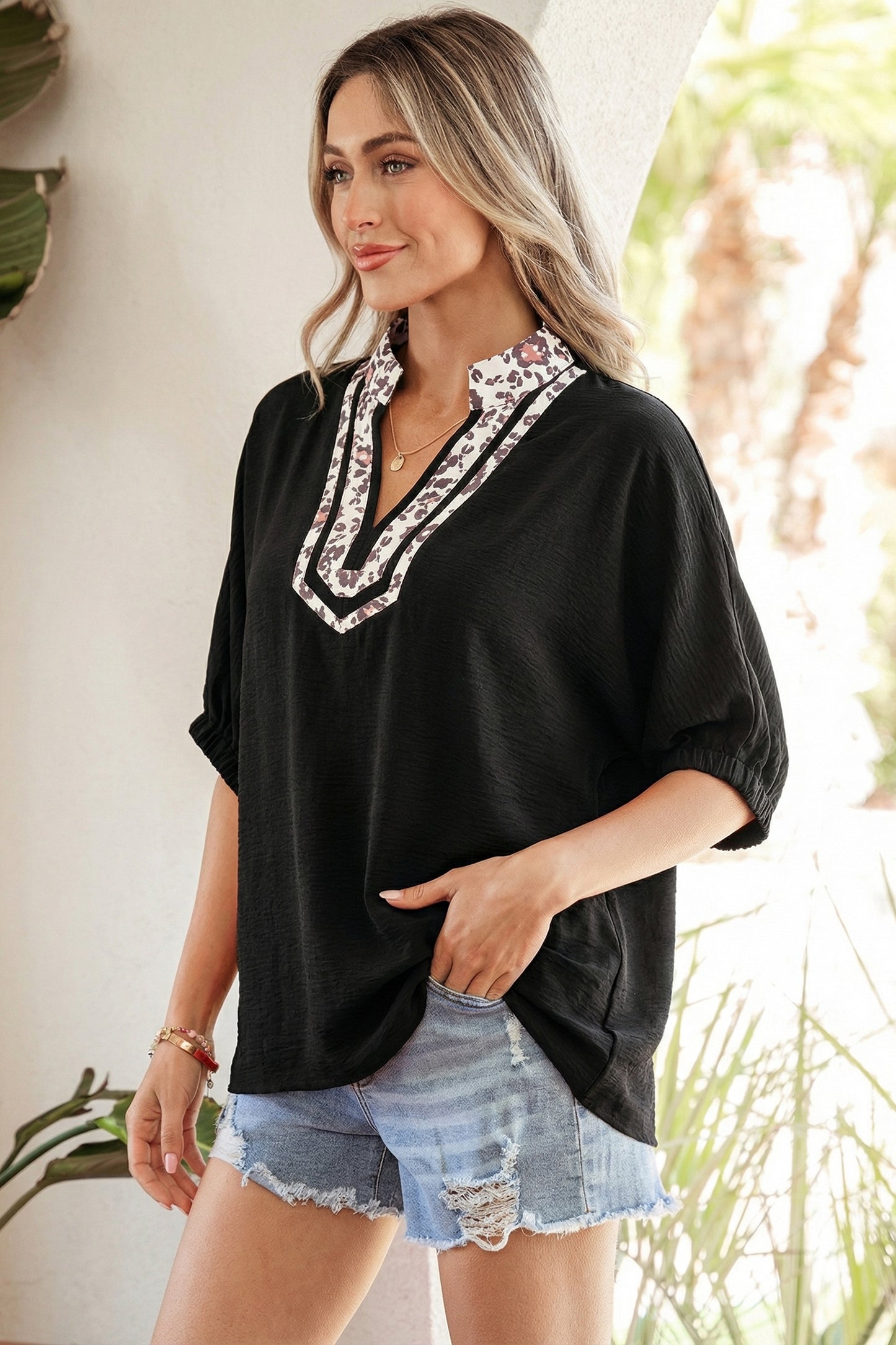 Black Dolman Half Sleeve Leopard Patchwork Trim V-Neck Blouse | S–XL