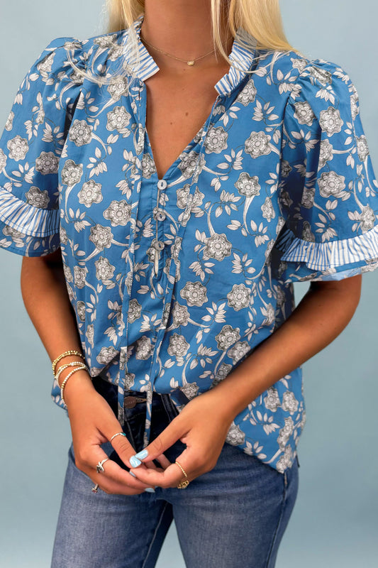 Womens Blue Floral Short Sleeve Tie Neck Blouse S to XL