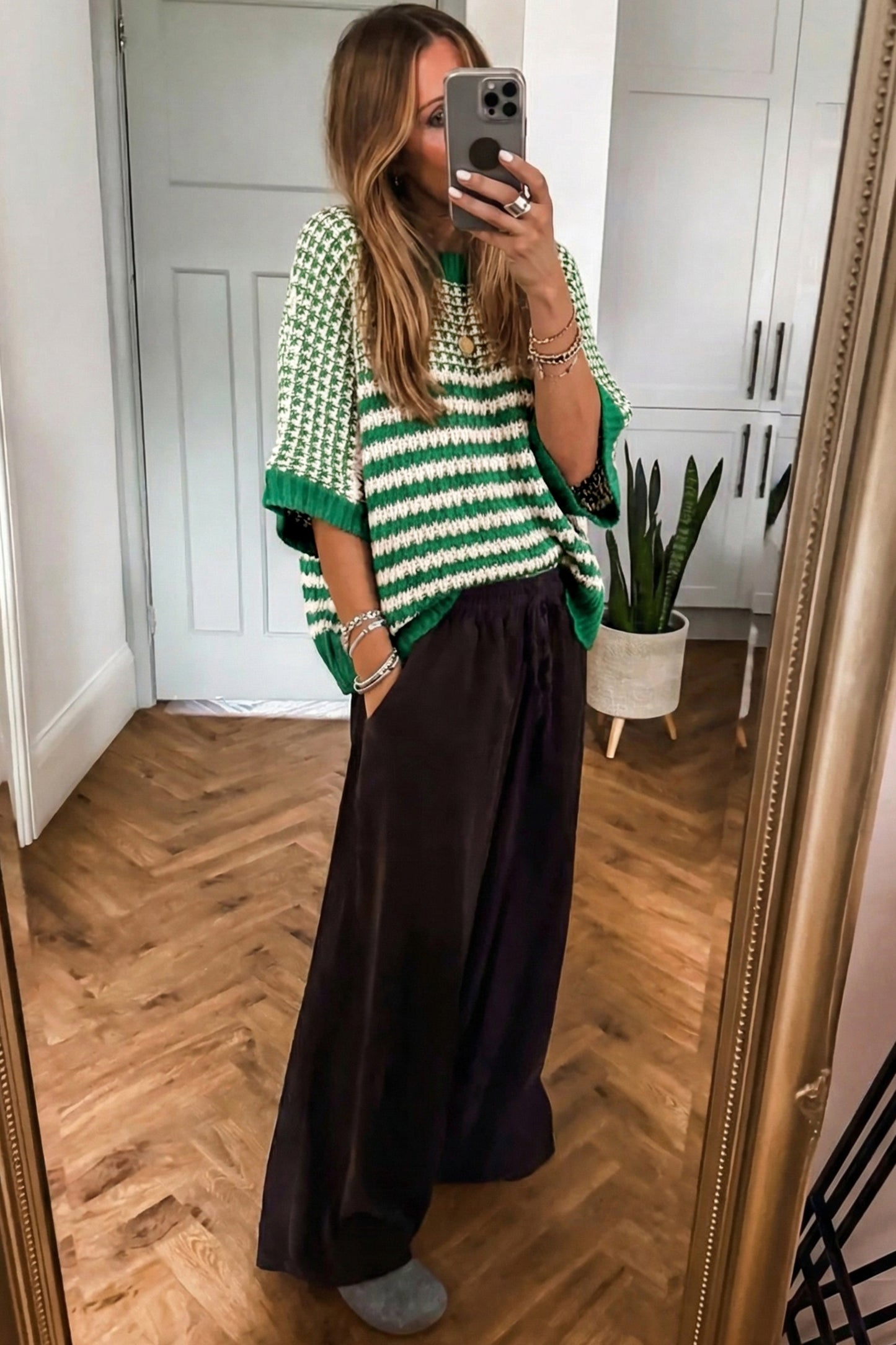 Striped Slouchy Sweater with 3/4 Draped Sleeves | Green Stripe