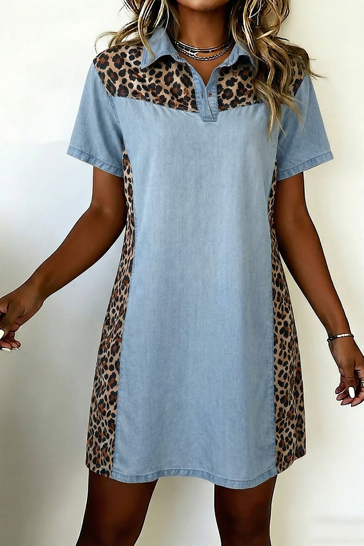Denim Leopard Patchwork Collared Mini Dress Women S–XL
