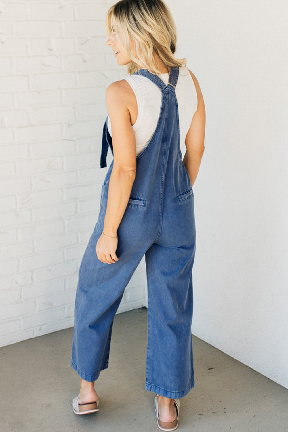 Dark Blue Mineral Wash Wide Leg Denim Overalls