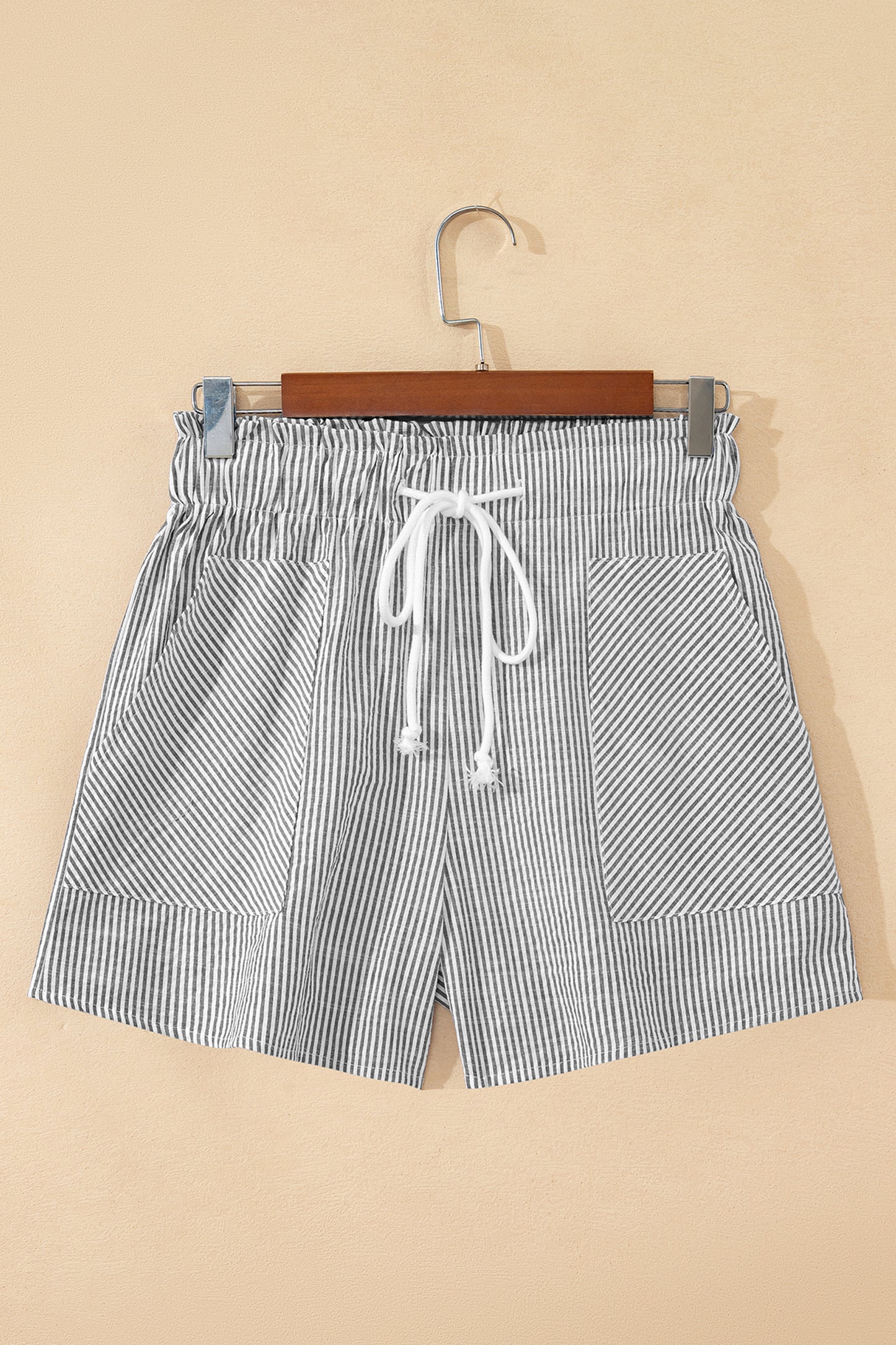 Grey Stripe Lace-Up Elastic Waist Casual Shorts with Pockets | S–XL