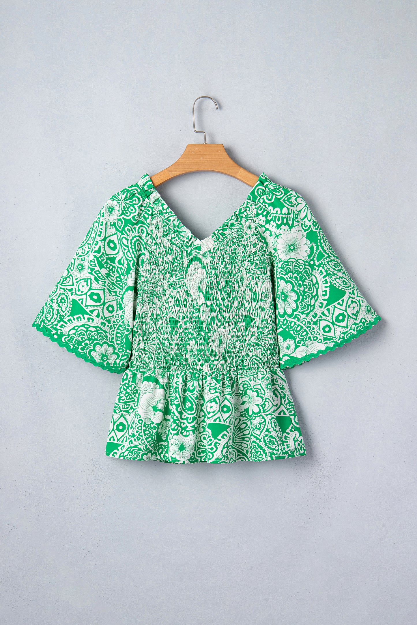 Abstract Print Ruffle V-Neck Blouse with Scalloped Hem | Green